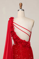 Load image into Gallery viewer, Sparkly Red Short One Shoulder Prom Dress with 3D Flowers