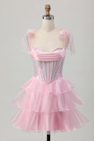 Load image into Gallery viewer, Sparkly Pink Tiered Corset Ruched Short Prom Dress with Beading
