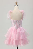 Load image into Gallery viewer, Sparkly Pink Tiered Corset Ruched Short Prom Dress with Beading