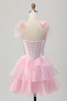 Sparkly Pink Tiered Corset Ruched Short Prom Dress with Beading