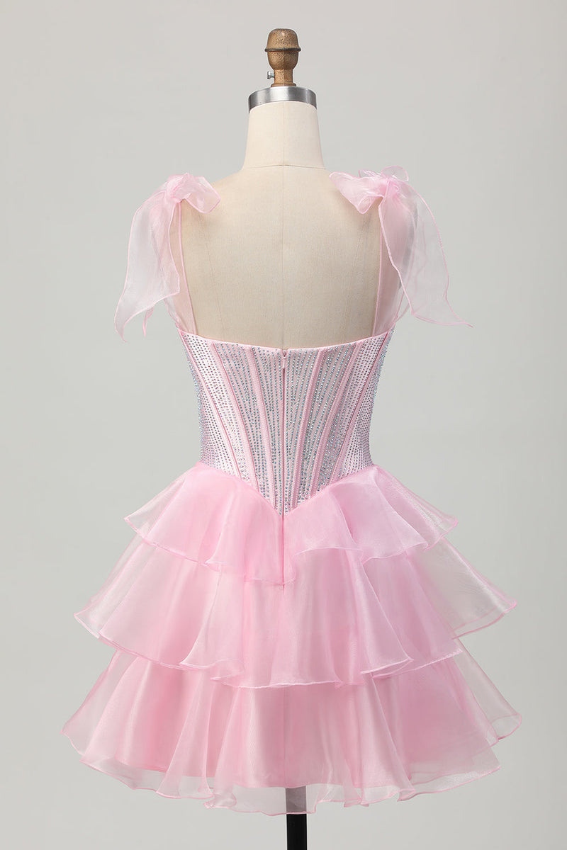 Load image into Gallery viewer, Sparkly Pink Tiered Corset Ruched Short Prom Dress with Beading