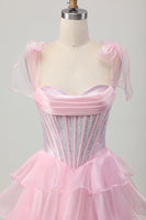 Load image into Gallery viewer, Sparkly Pink Tiered Corset Ruched Short Prom Dress with Beading