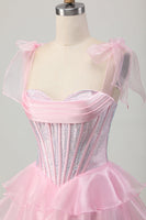 Load image into Gallery viewer, Sparkly Pink Tiered Corset Ruched Short Prom Dress with Beading
