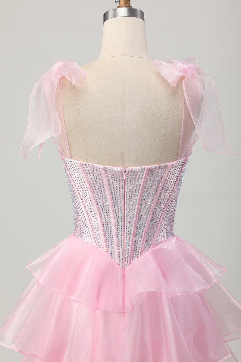 Load image into Gallery viewer, Sparkly Pink Tiered Corset Ruched Short Prom Dress with Beading