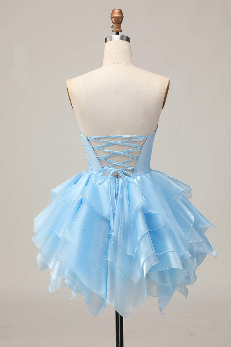 Load image into Gallery viewer, Blue A Line Corset Strapless Short Prom Dress with Ruffles