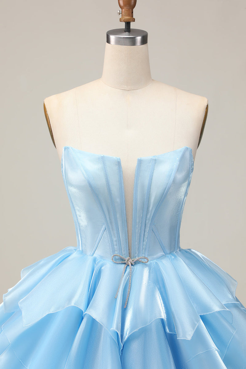 Load image into Gallery viewer, Blue A Line Corset Strapless Short Prom Dress with Ruffles