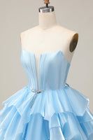 Load image into Gallery viewer, Blue A Line Corset Strapless Short Prom Dress with Ruffles