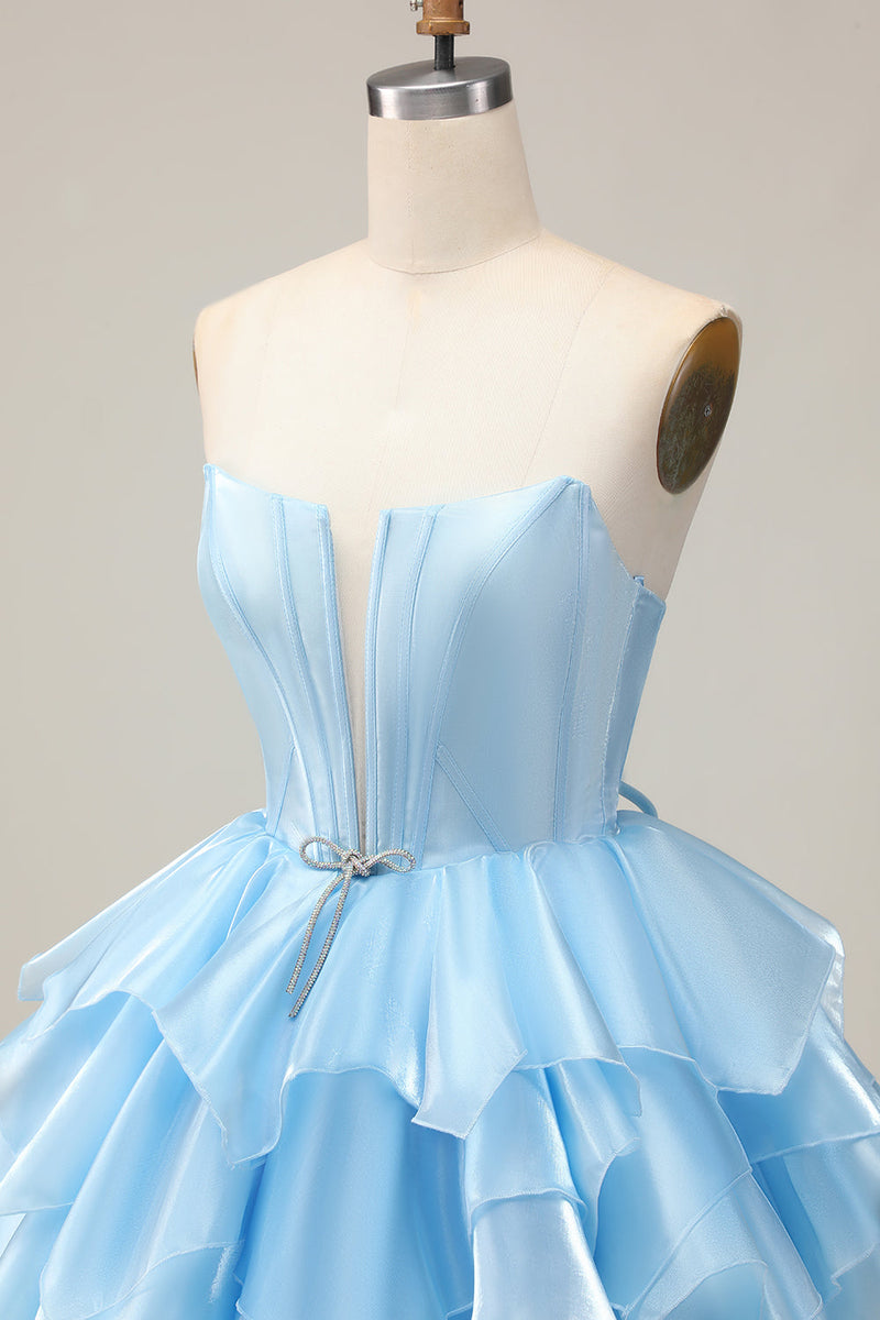Load image into Gallery viewer, Blue A Line Corset Strapless Short Prom Dress with Ruffles