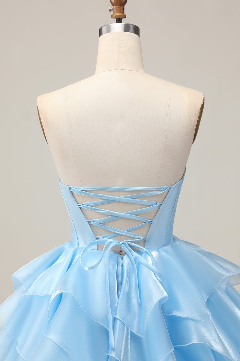 Load image into Gallery viewer, Blue A Line Corset Strapless Short Prom Dress with Ruffles