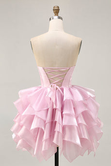 Pink A Line Tiered Corset Short Prom Dress with Ruffles