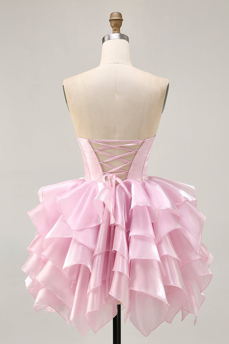 Load image into Gallery viewer, Pink A Line Tiered Corset Short Prom Dress with Ruffles