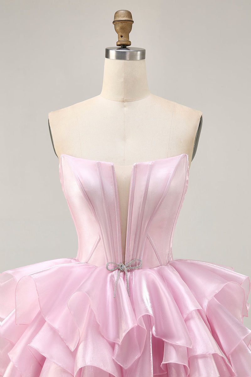 Load image into Gallery viewer, Pink A Line Tiered Corset Short Prom Dress with Ruffles