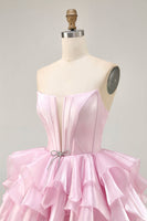 Load image into Gallery viewer, Pink A Line Tiered Corset Short Prom Dress with Ruffles