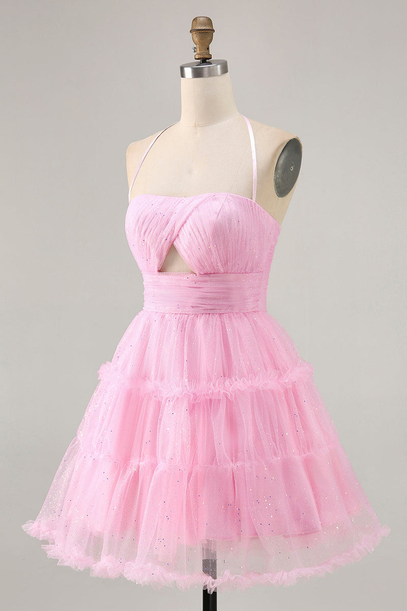 Load image into Gallery viewer, Glitter Pink Short Ruffled Prom Dress with Keyhole