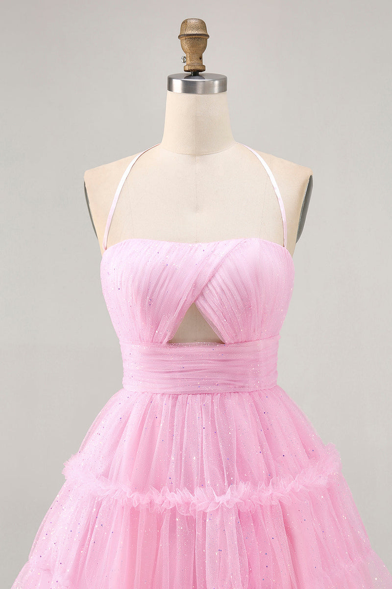 Load image into Gallery viewer, Glitter Pink Short Ruffled Prom Dress with Keyhole