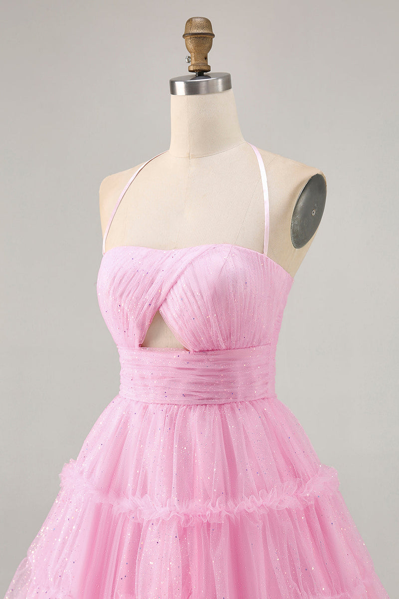 Load image into Gallery viewer, Glitter Pink Short Ruffled Prom Dress with Keyhole