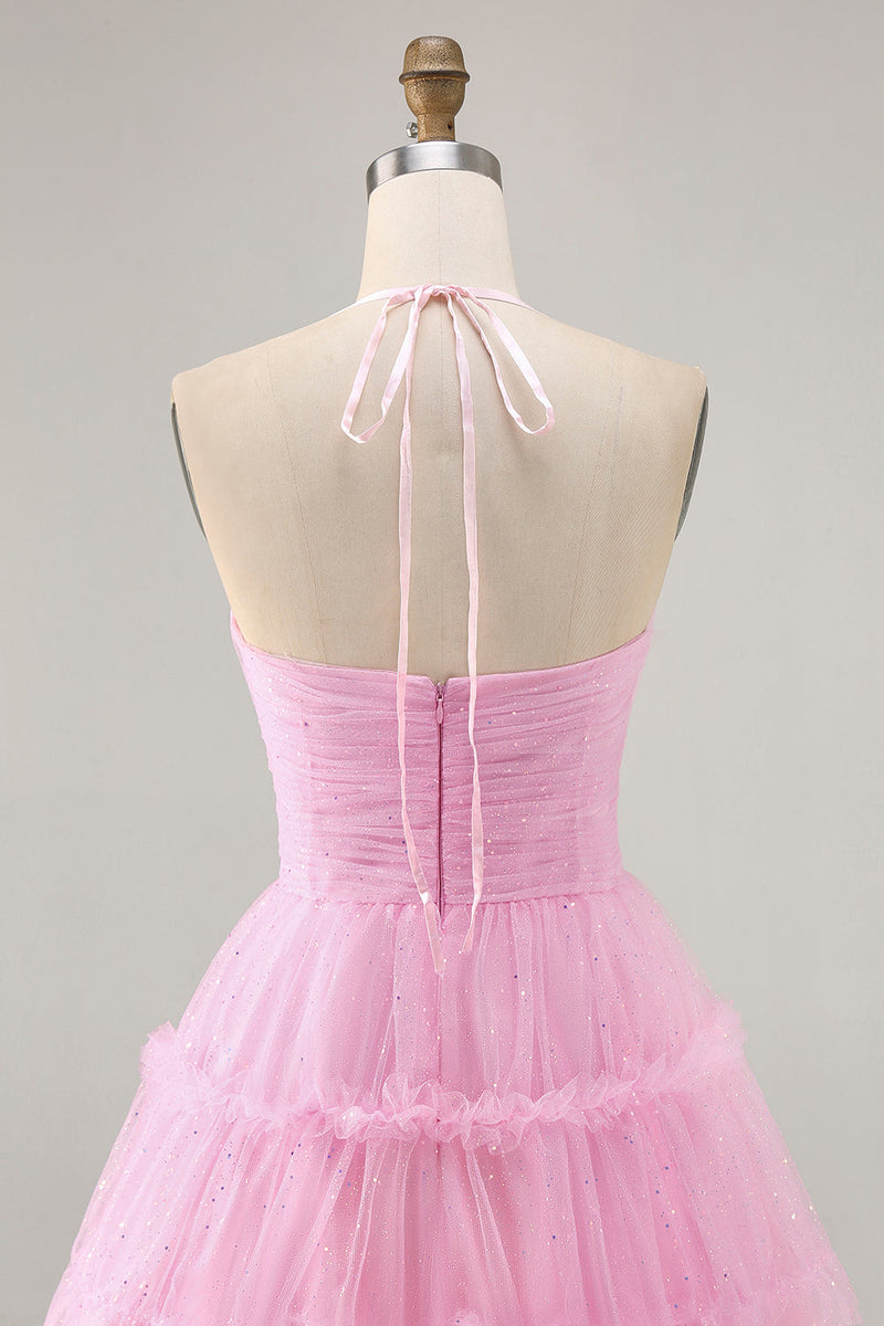 Load image into Gallery viewer, Glitter Pink Short Ruffled Prom Dress with Keyhole