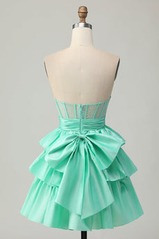 Sparkly Green Ruffled Corset Strapless Short Prom Dress with Bow