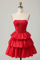 Load image into Gallery viewer, Sparkly Red Ruffled Strapless Corset Short Prom Dress with Bow