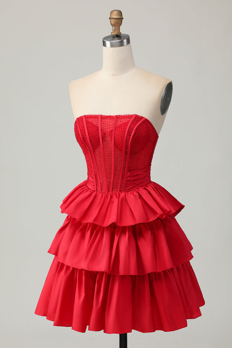 Load image into Gallery viewer, Sparkly Red Ruffled Strapless Corset Short Prom Dress with Bow