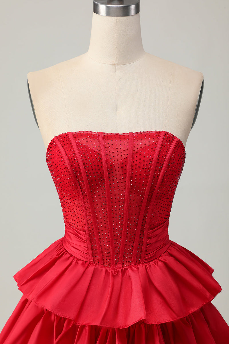 Load image into Gallery viewer, Sparkly Red Ruffled Strapless Corset Short Prom Dress with Bow