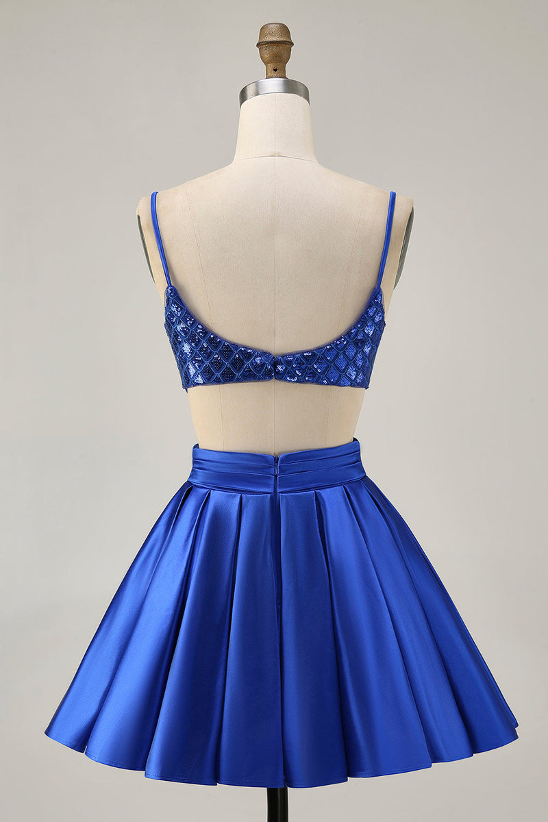 Load image into Gallery viewer, Sparkly Royal Blue A Line Satin Short Prom Dress with Sequins