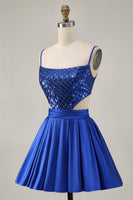 Load image into Gallery viewer, Sparkly Royal Blue A Line Satin Short Prom Dress with Sequins