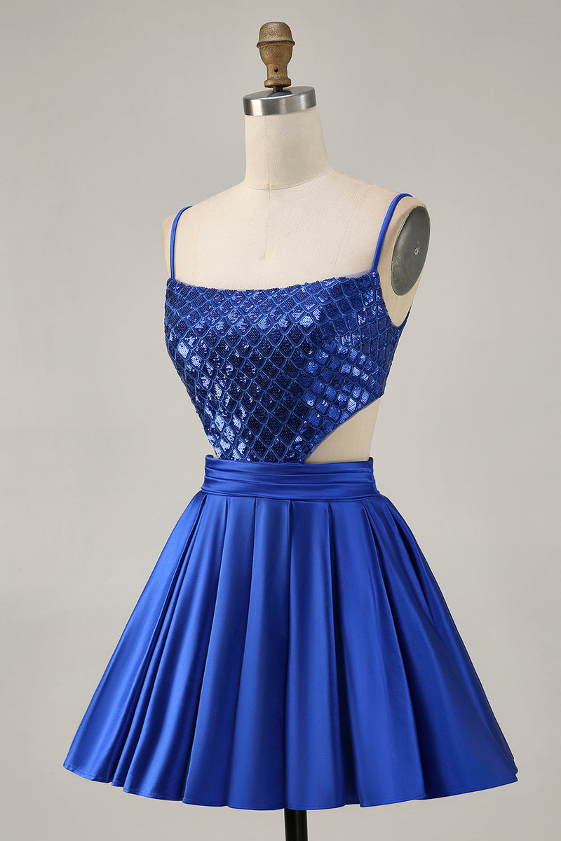 Load image into Gallery viewer, Sparkly Royal Blue A Line Satin Short Prom Dress with Sequins