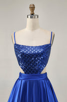 Load image into Gallery viewer, Sparkly Royal Blue A Line Satin Short Prom Dress with Sequins