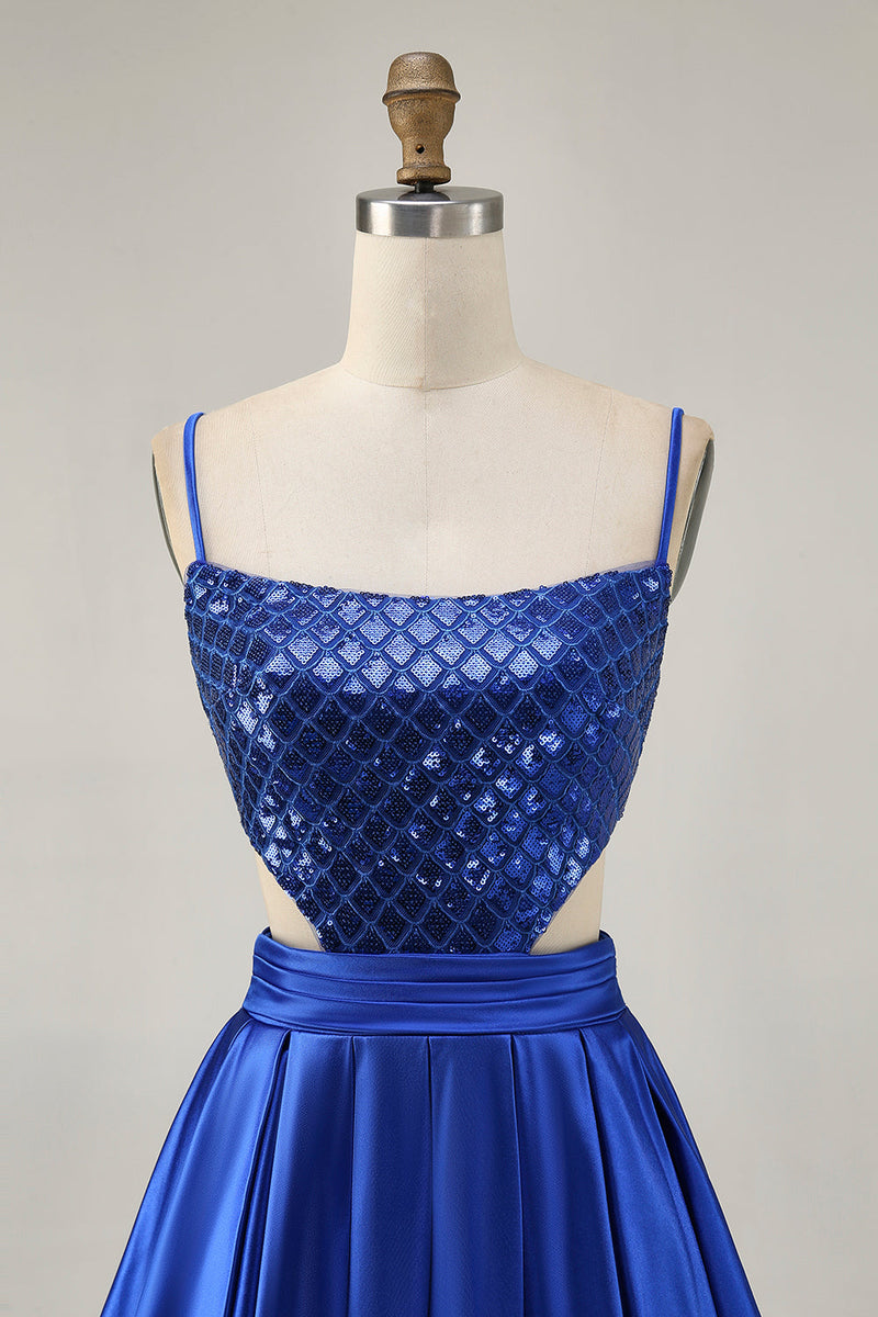 Load image into Gallery viewer, Sparkly Royal Blue A Line Satin Short Prom Dress with Sequins