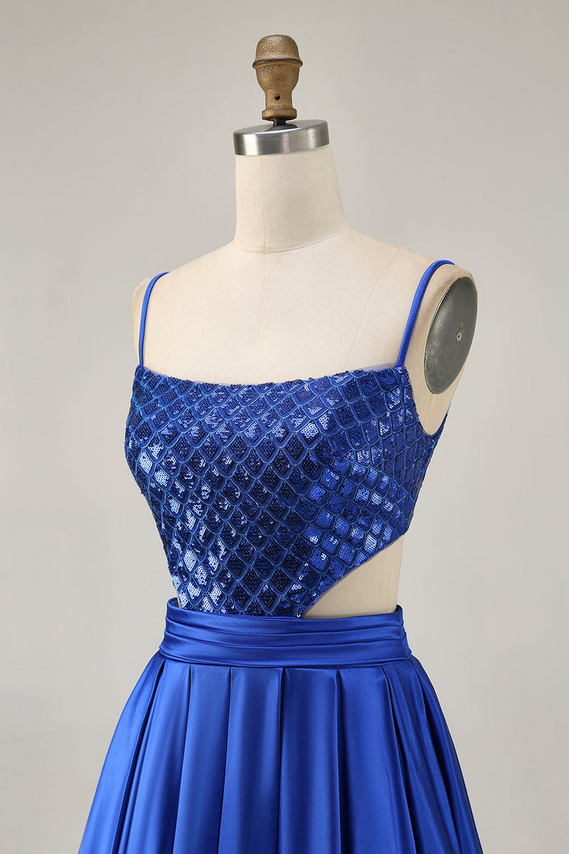 Load image into Gallery viewer, Sparkly Royal Blue A Line Satin Short Prom Dress with Sequins