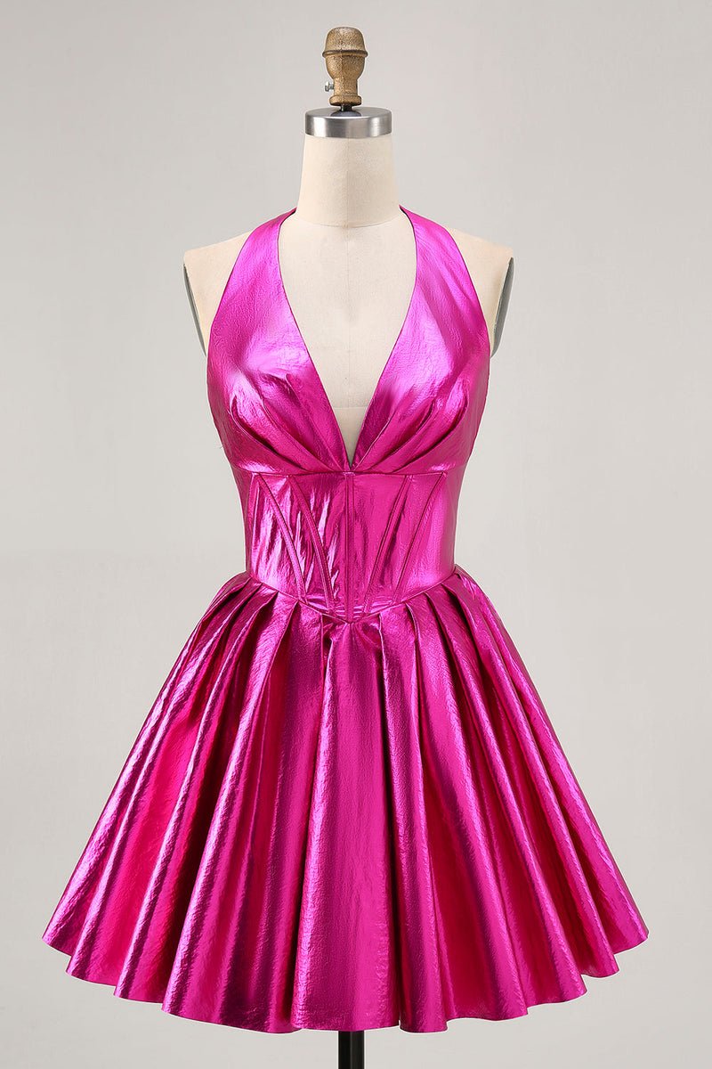 Load image into Gallery viewer, Fuchsia Metallic A Line Halter Short Corset Prom Dress