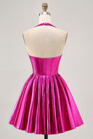 Load image into Gallery viewer, Fuchsia Metallic A Line Halter Short Corset Prom Dress