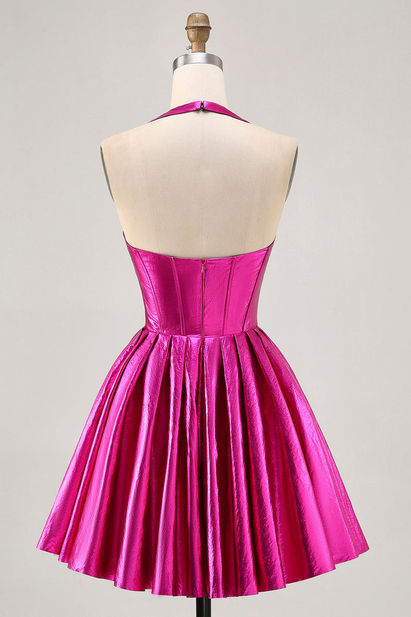 Load image into Gallery viewer, Fuchsia Metallic A Line Halter Short Corset Prom Dress