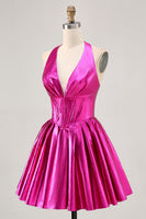 Load image into Gallery viewer, Fuchsia Metallic A Line Halter Short Corset Prom Dress