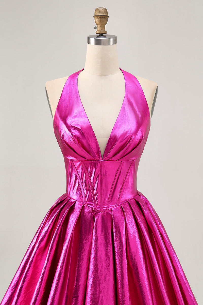 Load image into Gallery viewer, Fuchsia Metallic A Line Halter Short Corset Prom Dress
