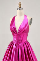 Load image into Gallery viewer, Fuchsia Metallic A Line Halter Short Corset Prom Dress