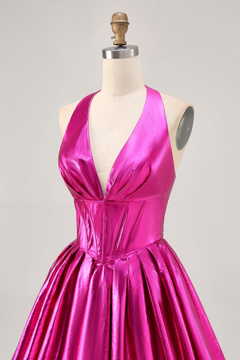 Load image into Gallery viewer, Fuchsia Metallic A Line Halter Short Corset Prom Dress