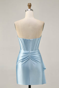 Sparkly Blue Tight Short Corset Prom Dress with Ruffles