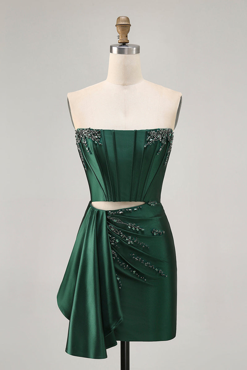 Load image into Gallery viewer, Sparkly Dark Green Short Tight Corset Prom Dress with Sash