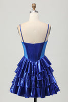 Load image into Gallery viewer, Sparkly Royal Blue Corset Metallic Ruffled Short Prom Dress with Bows