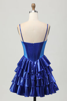 Sparkly Royal Blue Corset Metallic Ruffled Short Prom Dress with Bows