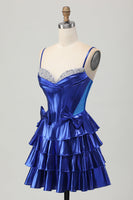 Load image into Gallery viewer, Sparkly Royal Blue Corset Metallic Ruffled Short Prom Dress with Bows