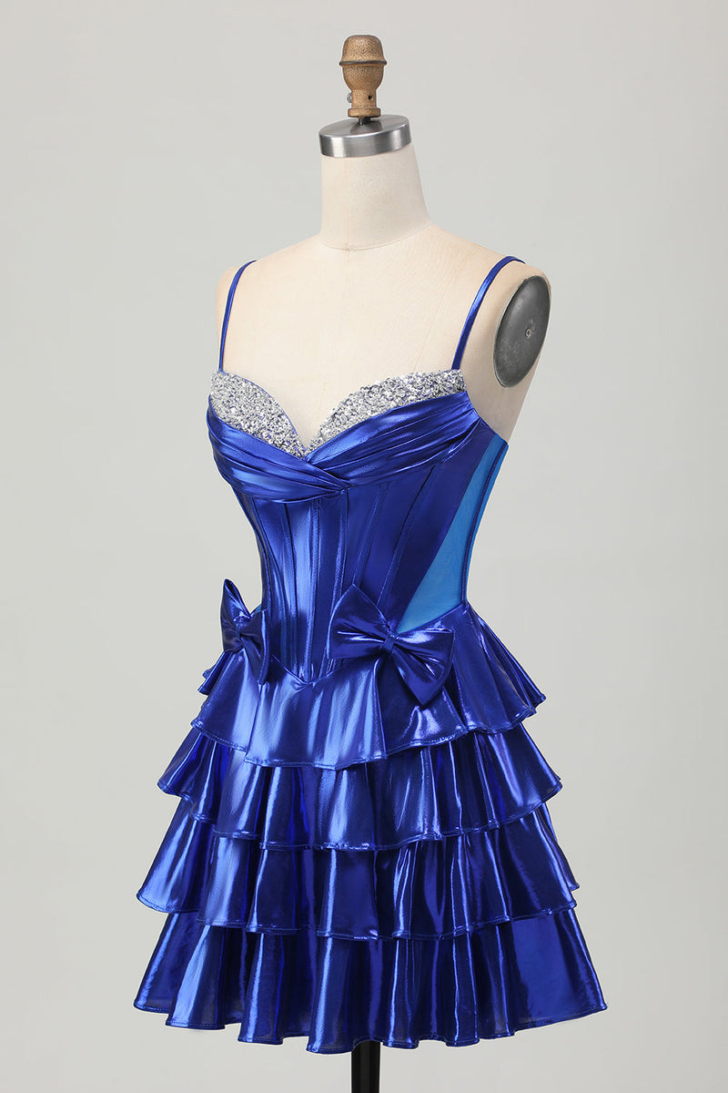 Load image into Gallery viewer, Sparkly Royal Blue Corset Metallic Ruffled Short Prom Dress with Bows
