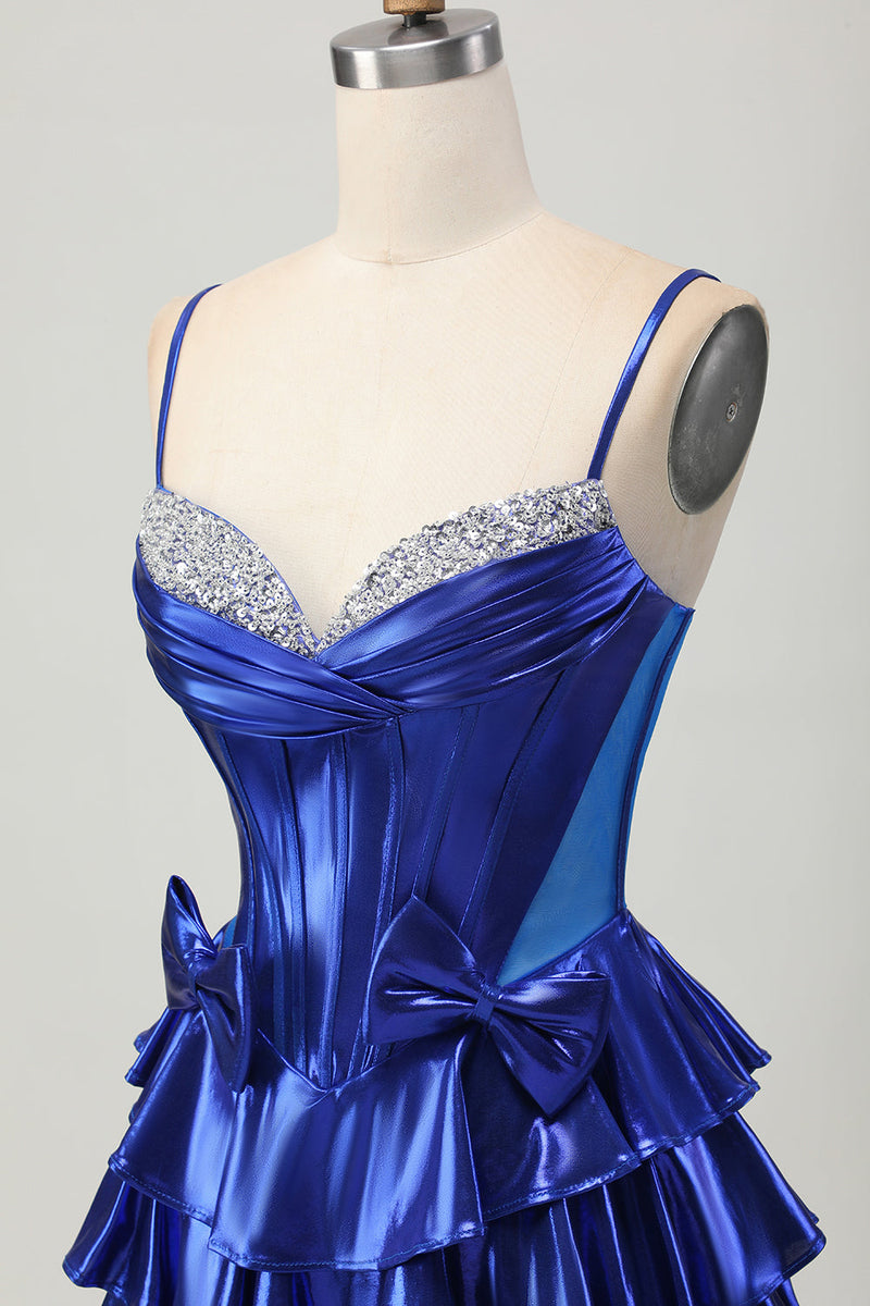 Load image into Gallery viewer, Sparkly Royal Blue Corset Metallic Ruffled Short Prom Dress with Bows