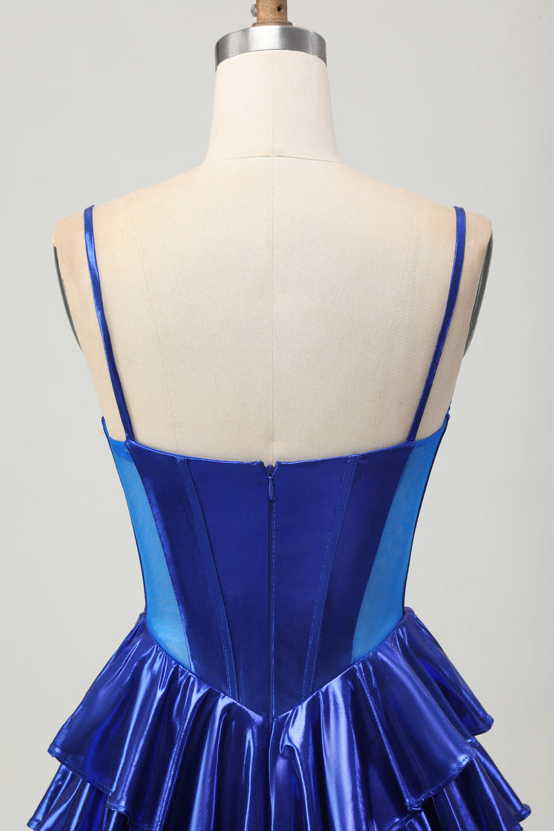 Load image into Gallery viewer, Sparkly Royal Blue Corset Metallic Ruffled Short Prom Dress with Bows