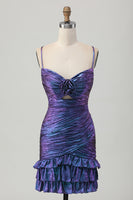Load image into Gallery viewer, Sparkly Blue and Purple Floral Metallic Tight Short Prom Dress with Ruffles