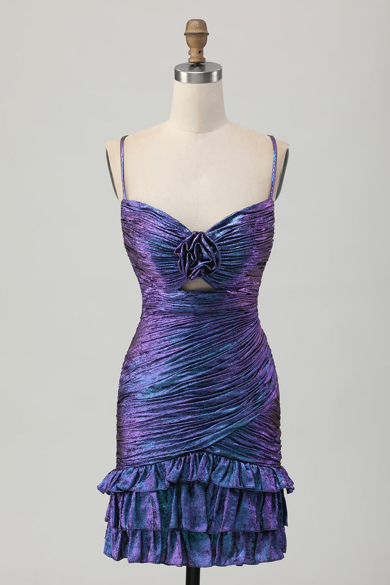 Load image into Gallery viewer, Sparkly Blue and Purple Floral Metallic Tight Short Prom Dress with Ruffles