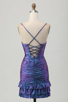 Load image into Gallery viewer, Sparkly Blue and Purple Floral Metallic Tight Short Prom Dress with Ruffles