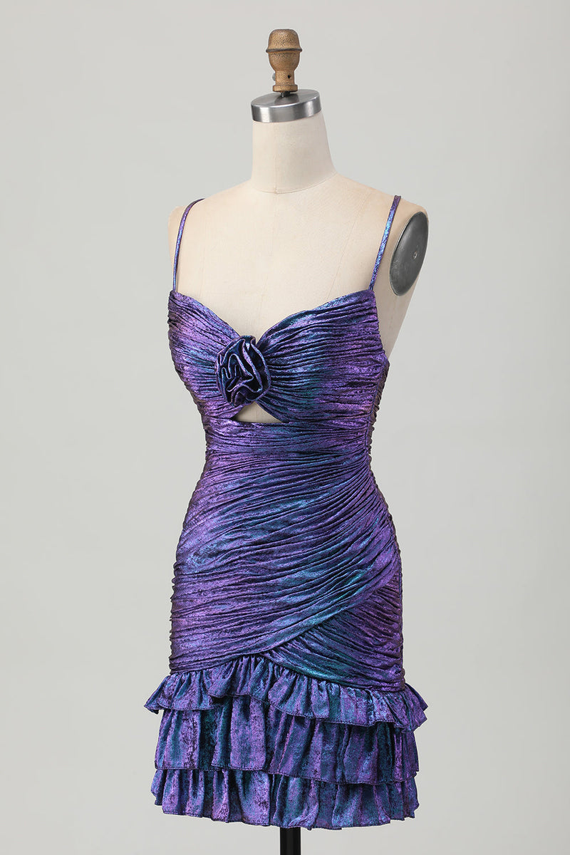 Load image into Gallery viewer, Sparkly Blue and Purple Floral Metallic Tight Short Prom Dress with Ruffles